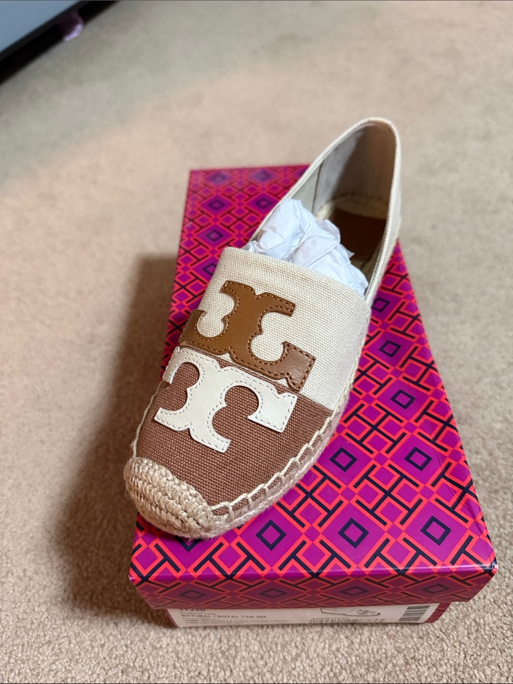 Tory Burch Brown & Cream Logo Espadrille Slip-On